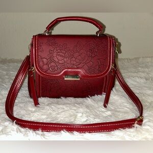 Red Embossed Crossbody Bag with Fringe